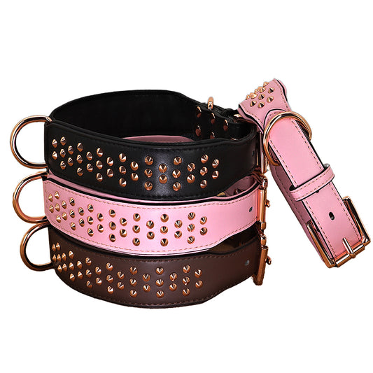 Spiked Leather Dog Collar - Adjustable Metal Rivet Pet Accessory
