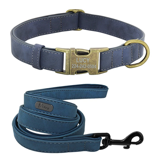 Personalized Dog Collar & Leash Set - Custom Engraved Pet Accessories Blue