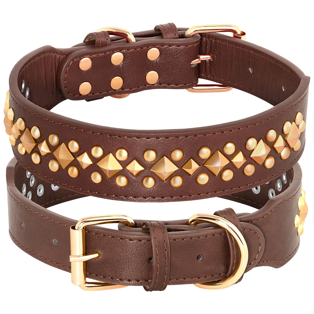 Spiked Leather Dog Collar - Adjustable Studded Collar for Dogs Brown