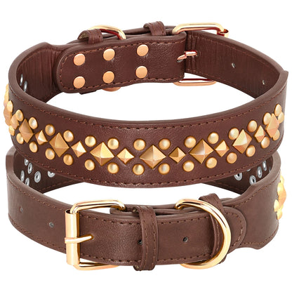 Spiked Leather Dog Collar - Adjustable Studded Collar for Dogs Brown