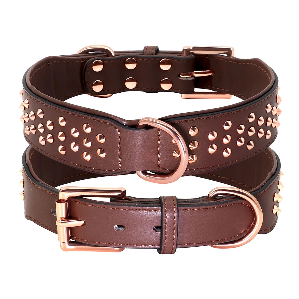 Spiked Leather Dog Collar - Adjustable Metal Rivet Pet Accessory Brown