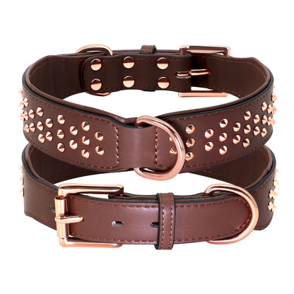 Spiked Leather Dog Collar - Adjustable Metal Rivet Pet Accessory Brown