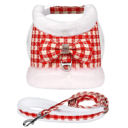 Warm Plaid Dog Harness Set with Removable Fur Collar & Leash Red
