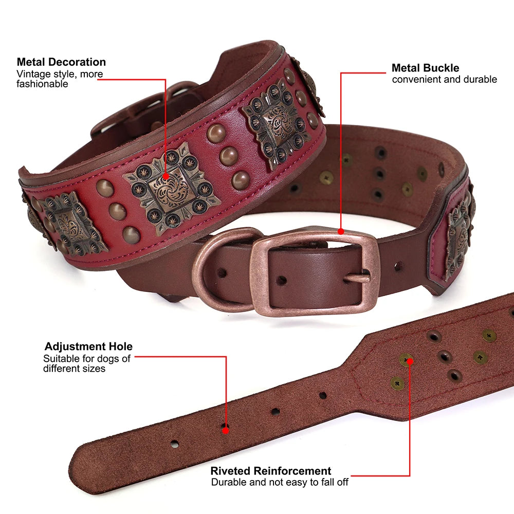 Leather Dog Collar Leash Set Large Dogs - Padded Wide Metal Rivet
