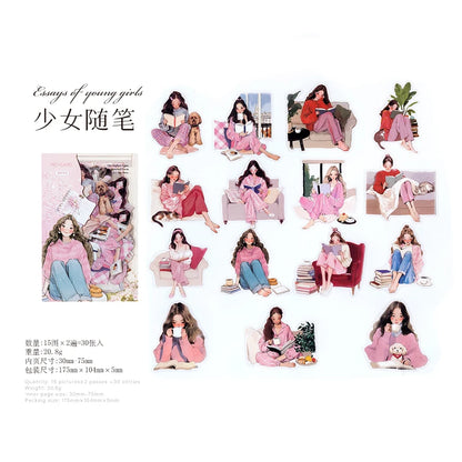Reading Girl Stickers 30pcs - Aesthetic Book Lover Sticker Pack A