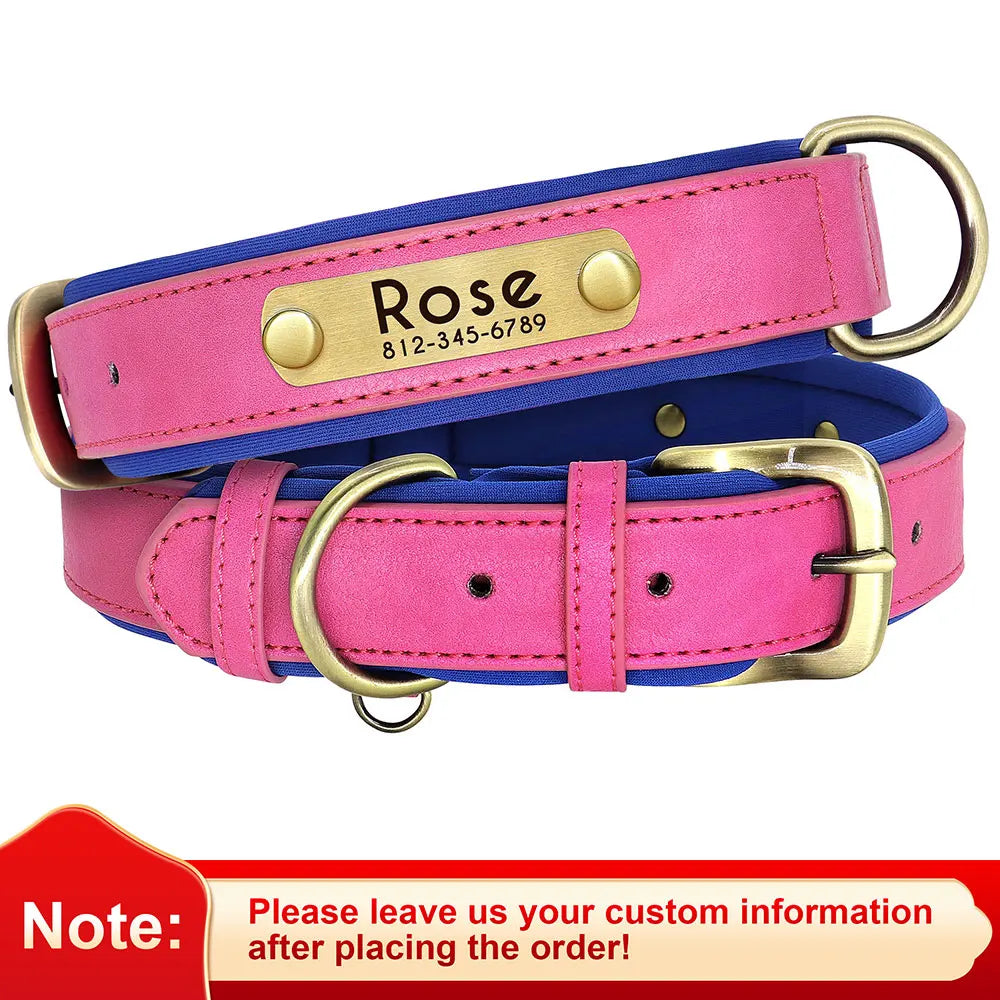 Personalized PU Leather Dog Collar with Free Engraving - Soft Padded Rose Red