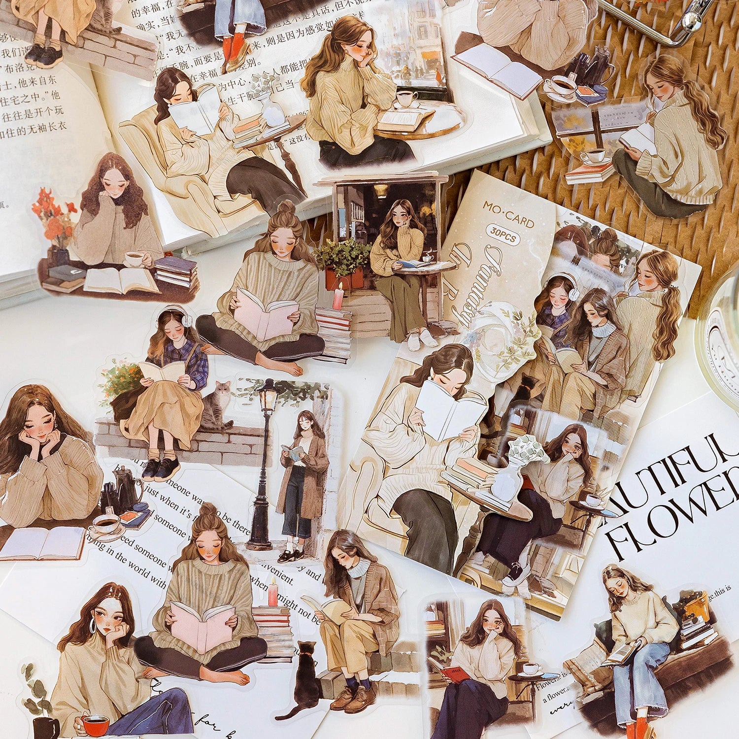 Reading Girl Stickers 30pcs - Aesthetic Book Lover Sticker Pack