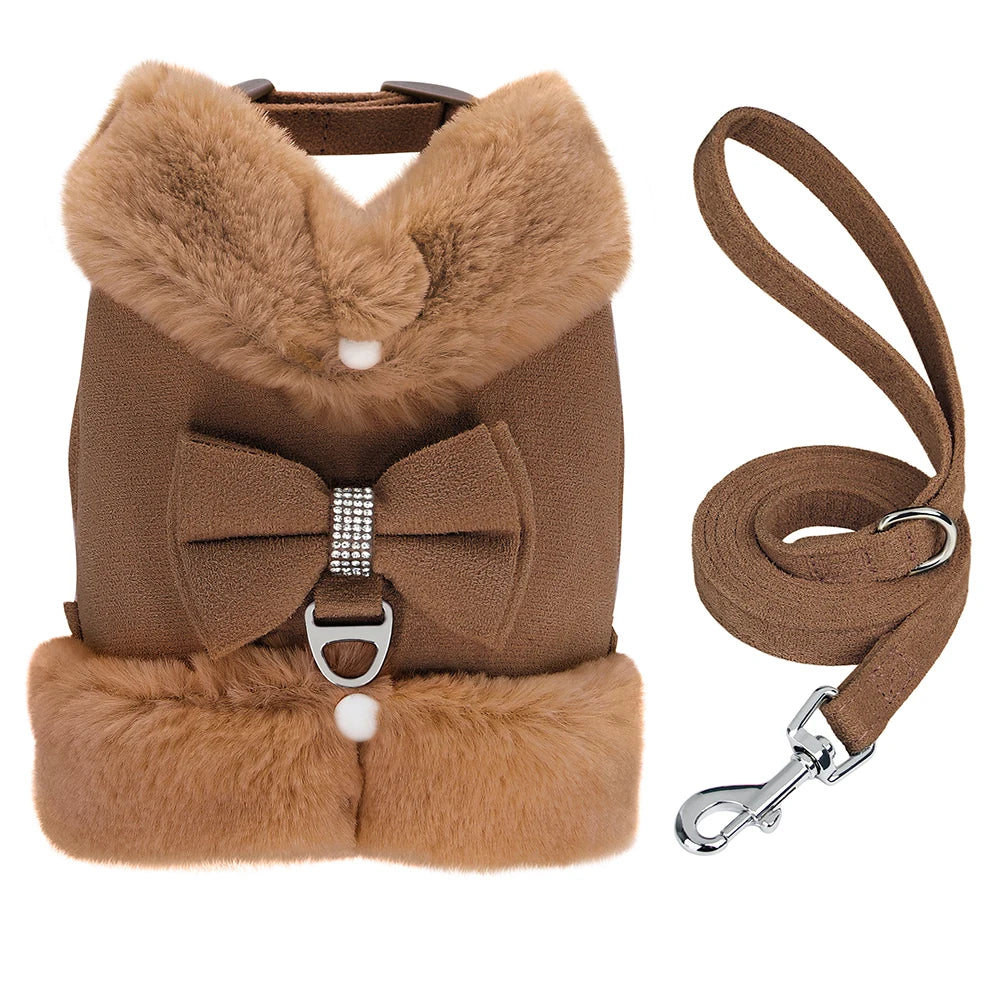 Winter Dog Harness Set - Warm Fur Vest with Bowknot & Leash Brown