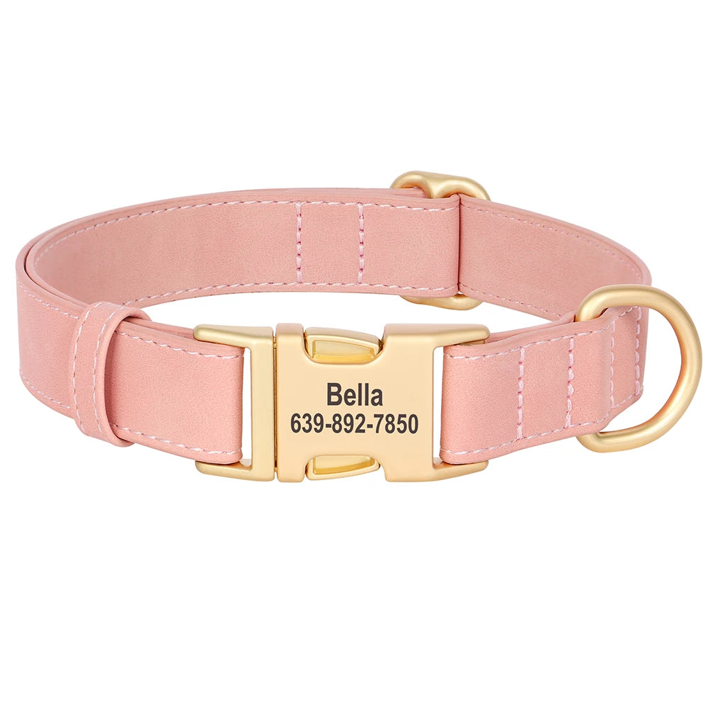 Custom Dog Collar PU Leather Personalized Pet Collar Metal Buckle Pink