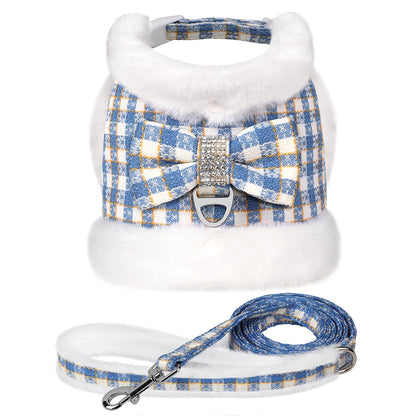 Warm Plaid Dog Harness Set with Removable Fur Collar & Leash Blue