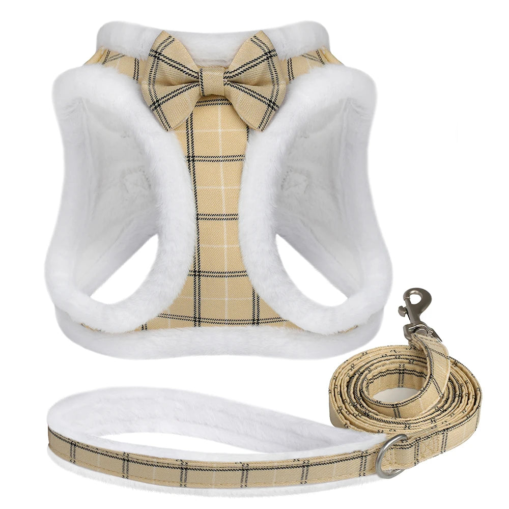 Winter Dog Harness & Leash Set - Warm Fur Vest with Bowknot Beige