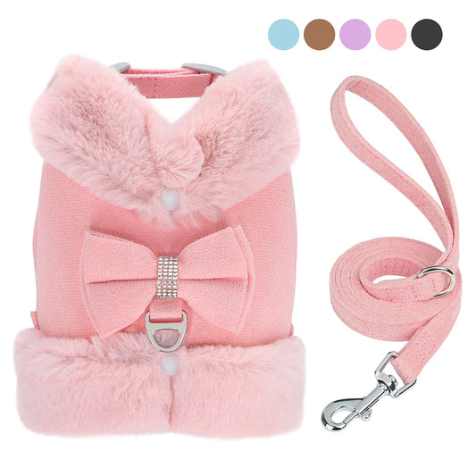 Winter Dog Harness Set - Warm Fur Vest with Bowknot & Leash
