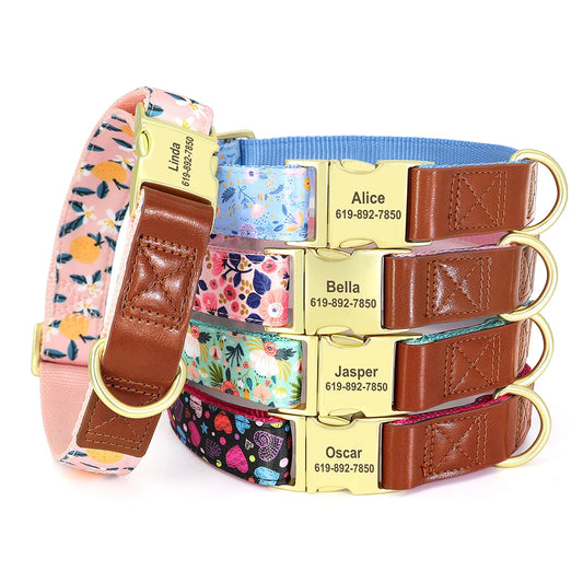 Custom Engraved Dog Collar - Personalized Flower Print Pet ID Collar