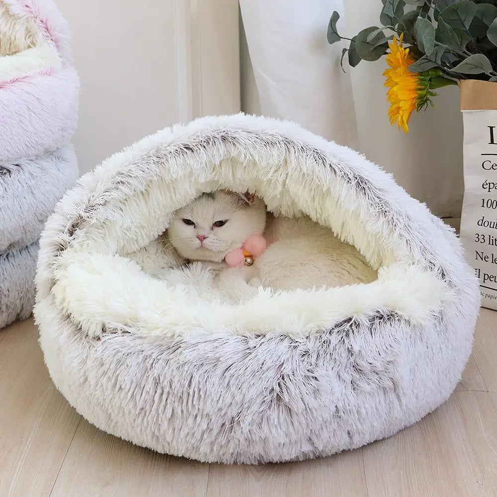 Plush Round Cat Bed - Cozy Winter Pet Sleeping Nest for Cats