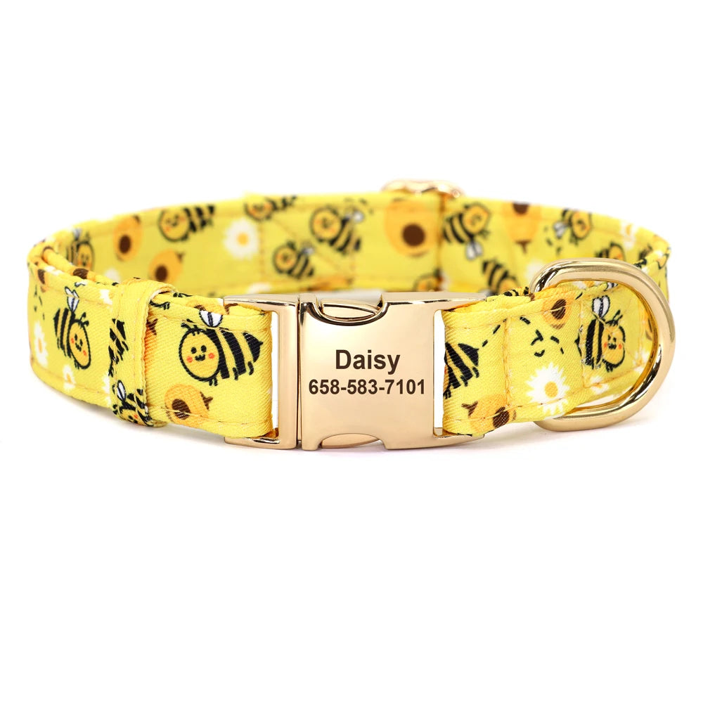 Custom Floral Dog Collar with Free Nameplate - Personalized Pet ID Yellow