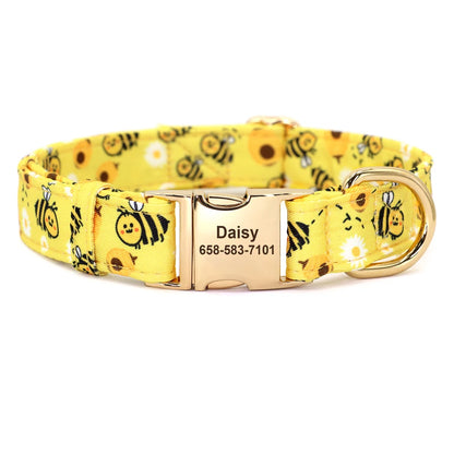 Custom Floral Dog Collar with Free Nameplate - Personalized Pet ID Yellow