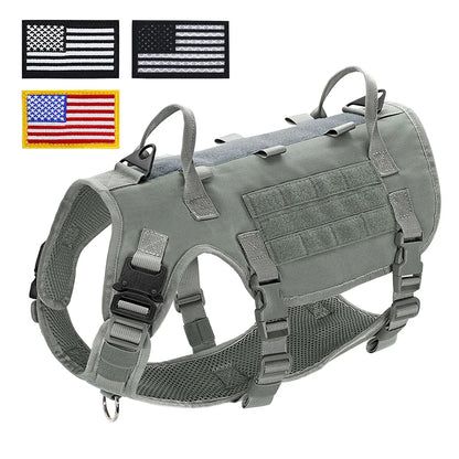 Tactical Dog Harness Military Vest Medium Large Dogs - Durable Nylon Gray--US