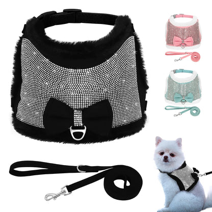 Bling Rhinestone Dog Harness and Leash Set with Bowknot - Warm Padded Vest