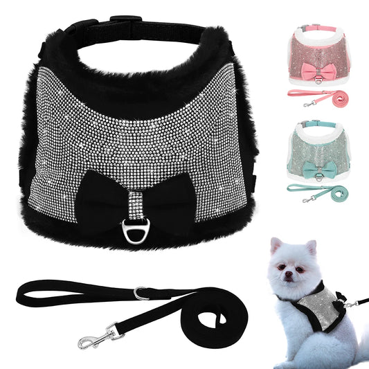 Bling Rhinestone Dog Harness and Leash Set with Bowknot - Warm Padded Vest