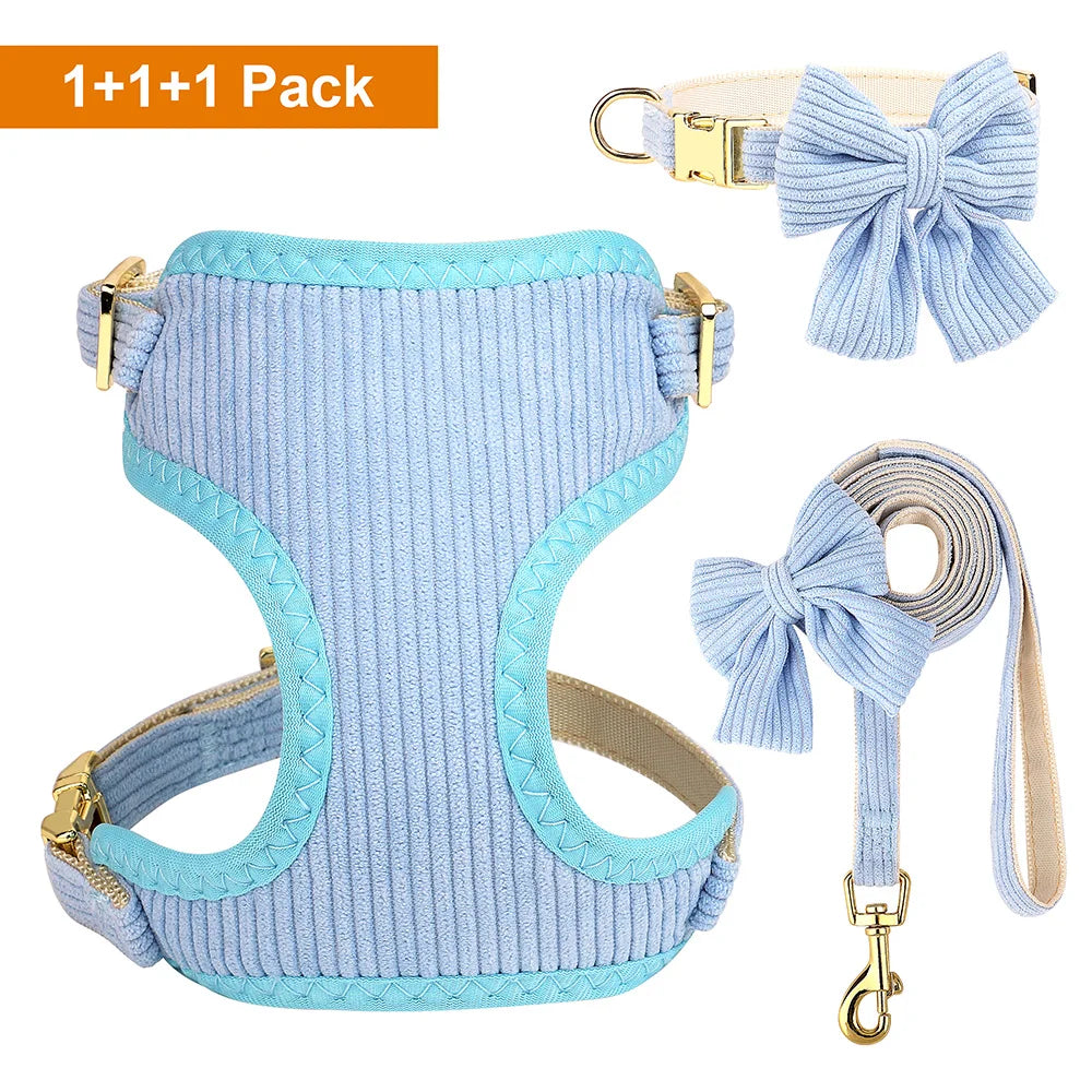 Adorable Bowknot Dog Harness Set - Soft Velvet Collar & Leash for Small Dogs Blue