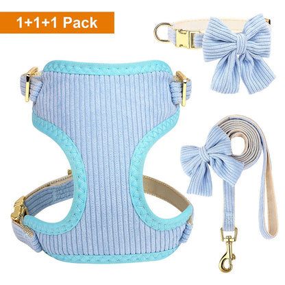 Adorable Bowknot Dog Harness Set - Soft Velvet Collar & Leash for Small Dogs Blue