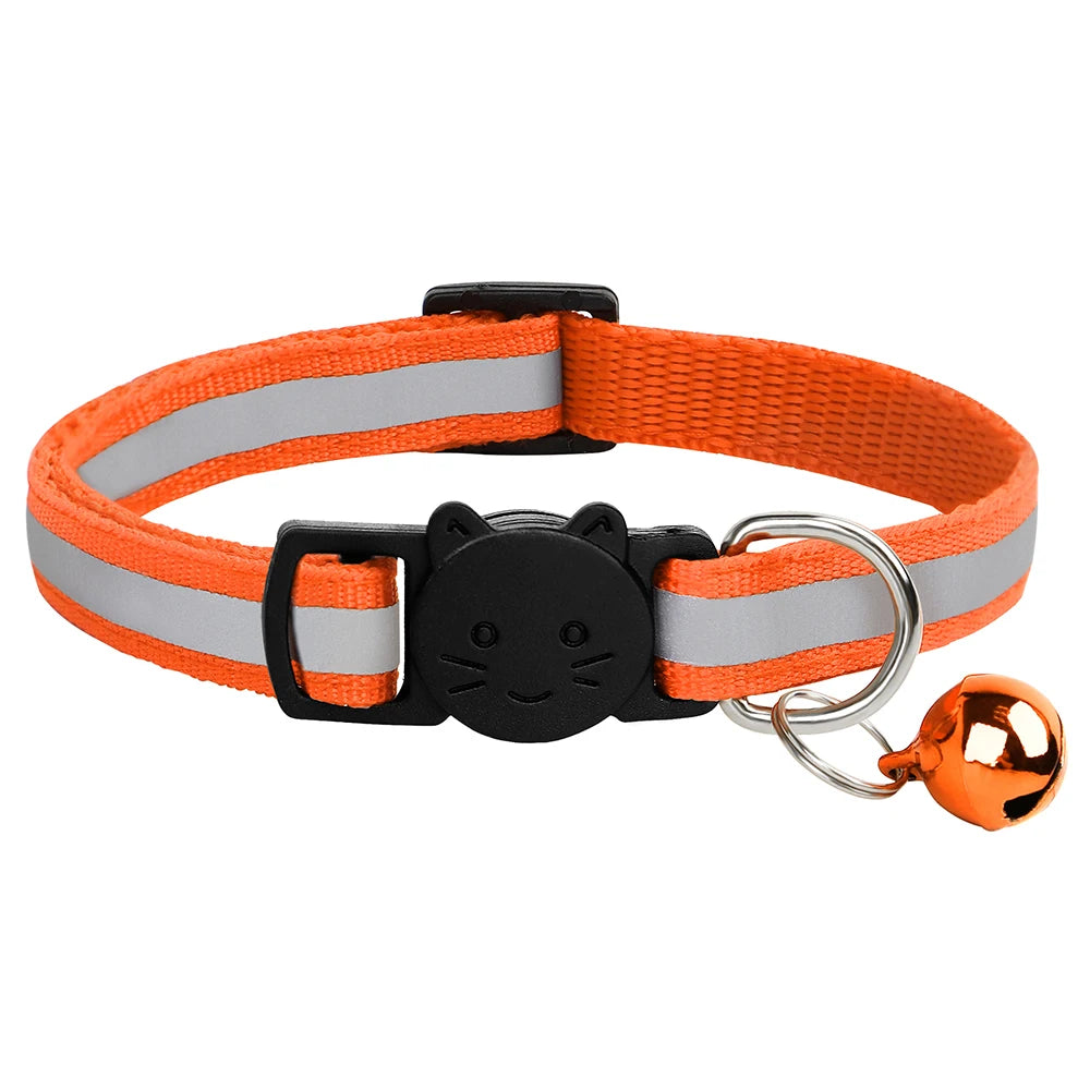 Breakaway Cat Collar with Bell - Reflective Safety Nylon Collar Orange 20-33cm