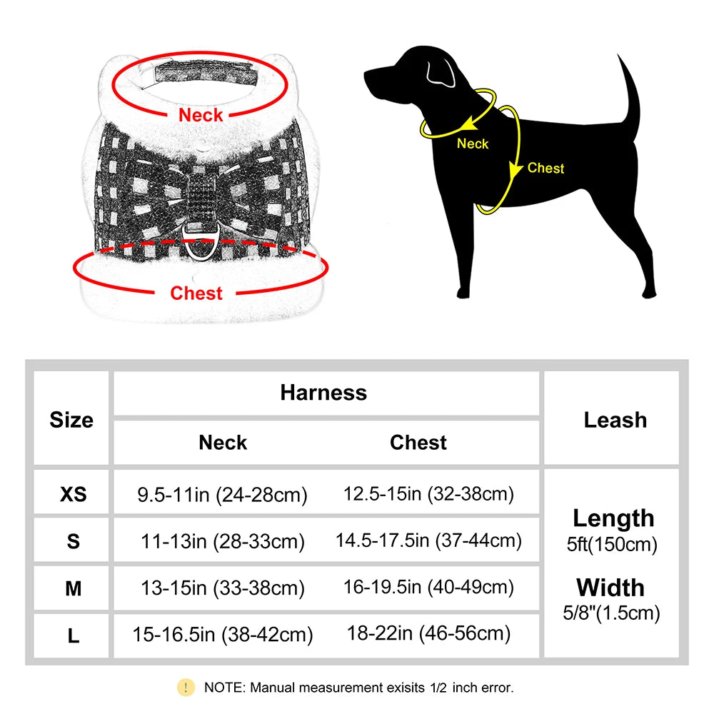 Warm Plaid Dog Harness Set with Removable Fur Collar & Leash