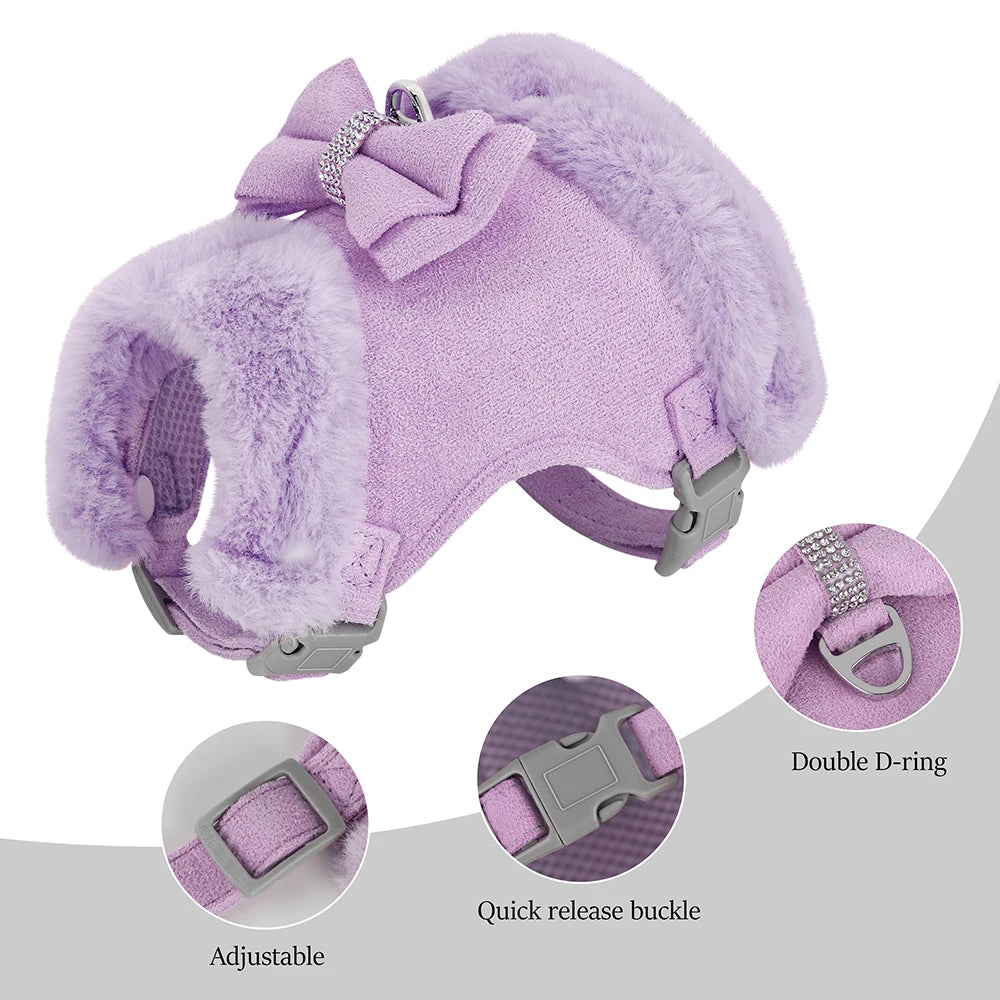 Winter Dog Harness Set - Warm Fur Vest with Bowknot & Leash