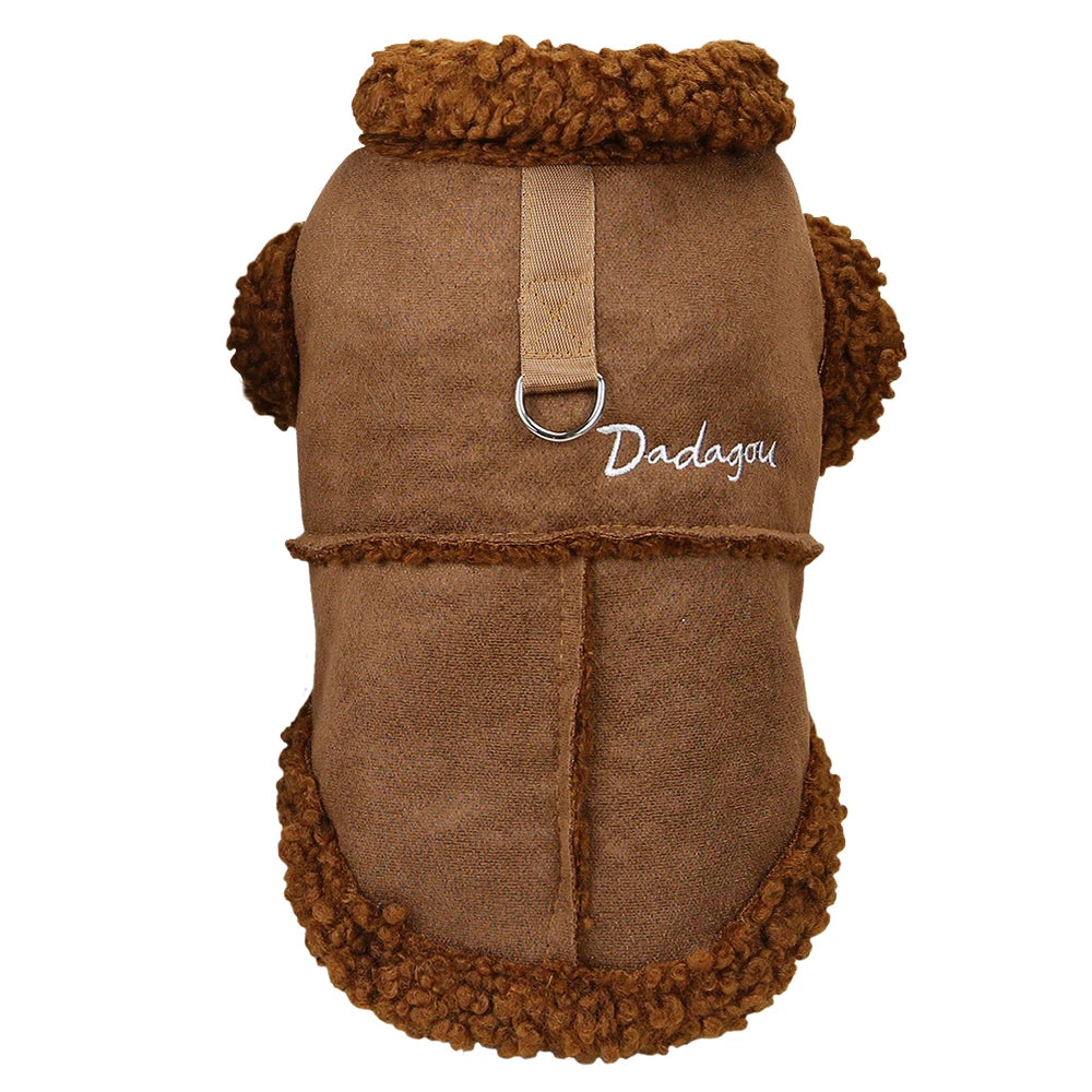 Winter Dog Jacket with Warm Fur Collar - Suede Pet Coat Brown