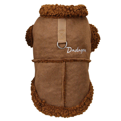 Winter Dog Jacket with Warm Fur Collar - Suede Pet Coat Brown