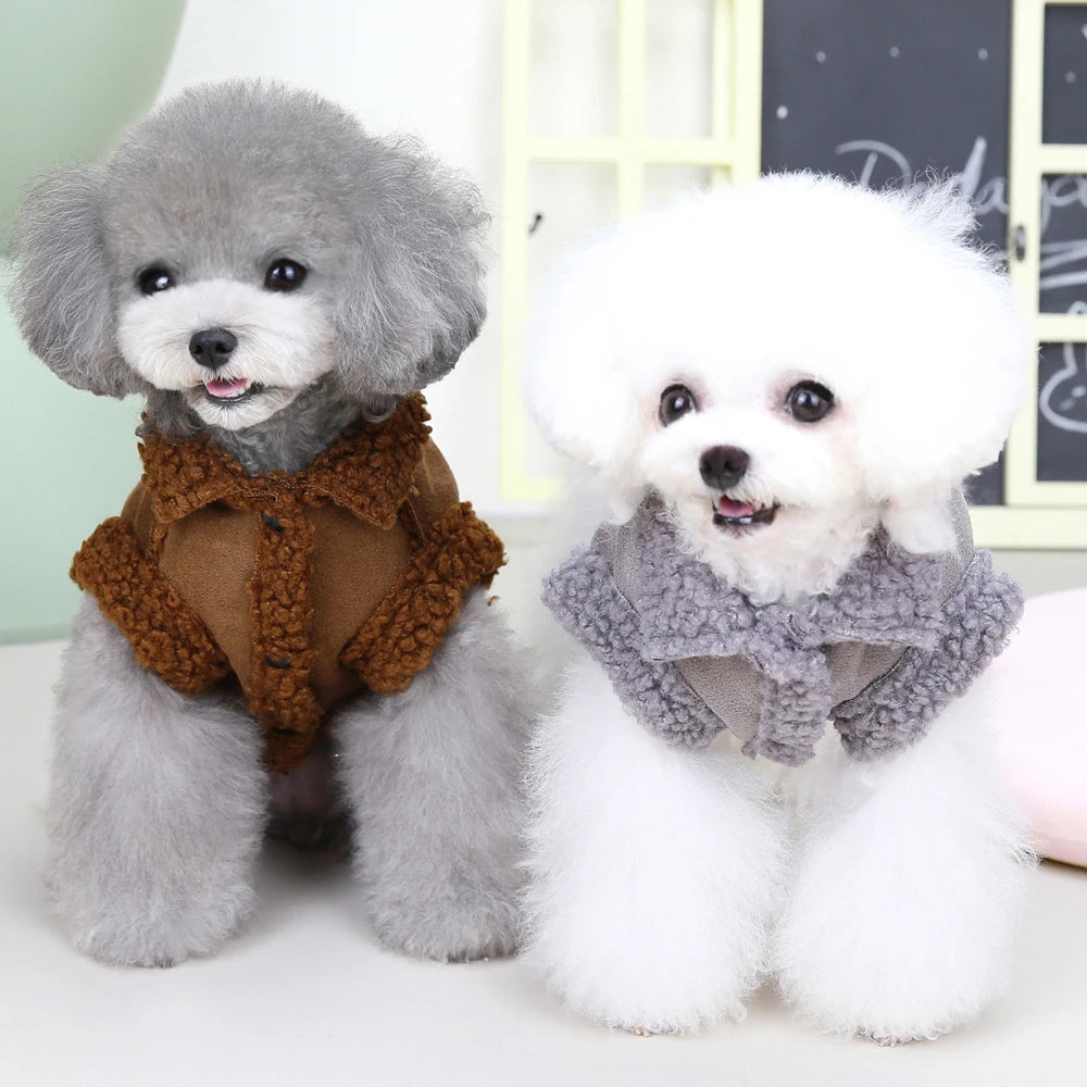 Winter Dog Jacket with Warm Fur Collar - Suede Pet Coat