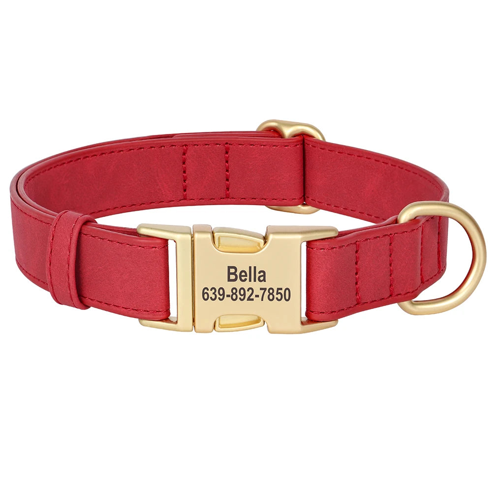 Custom Dog Collar PU Leather Personalized Pet Collar Metal Buckle Red