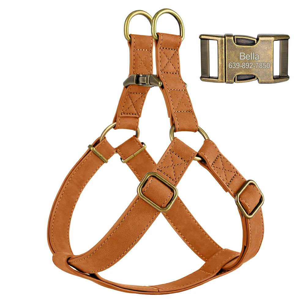 Personalized Dog Harness - Custom Engraved PU Leather Vest Light Brown