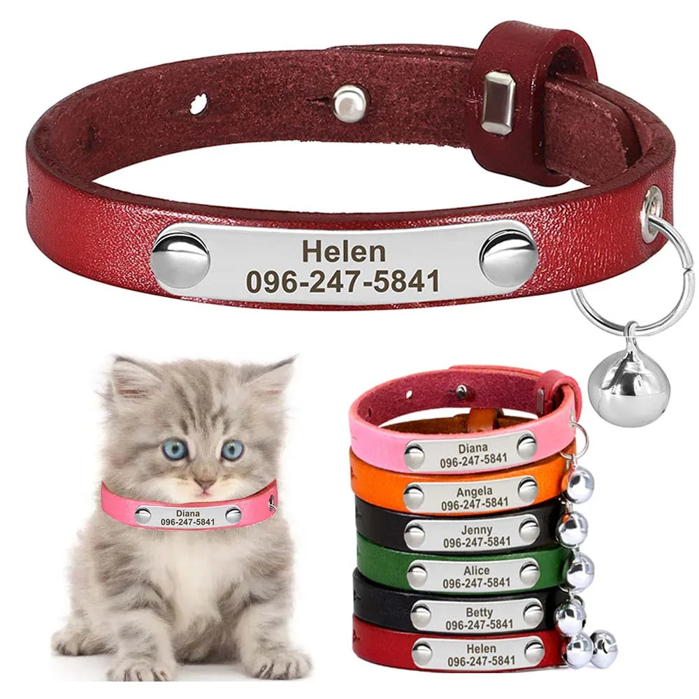 Personalized Leather Cat Collar with Bell - Custom Engraved Pet ID