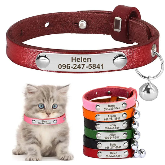 Personalized Leather Cat Collar with Bell - Custom Engraved Pet ID