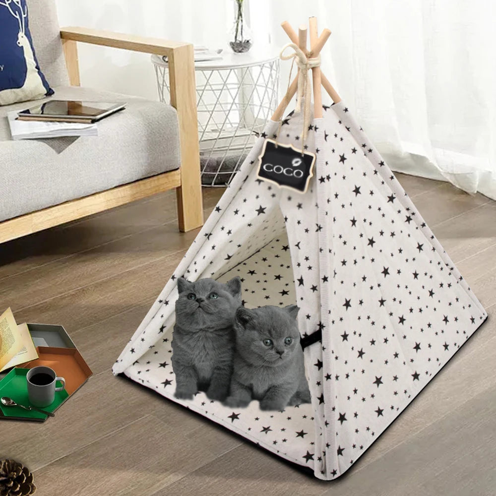 Cat Teepee Tent Bed - Cozy Indoor Pet House with Cushion