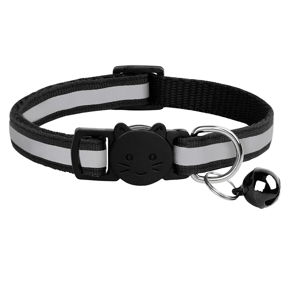 Breakaway Cat Collar with Bell - Reflective Safety Nylon Collar Black 20-33cm