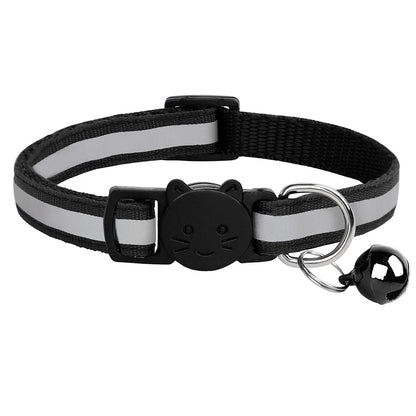 Breakaway Cat Collar with Bell - Reflective Safety Nylon Collar Black 20-33cm