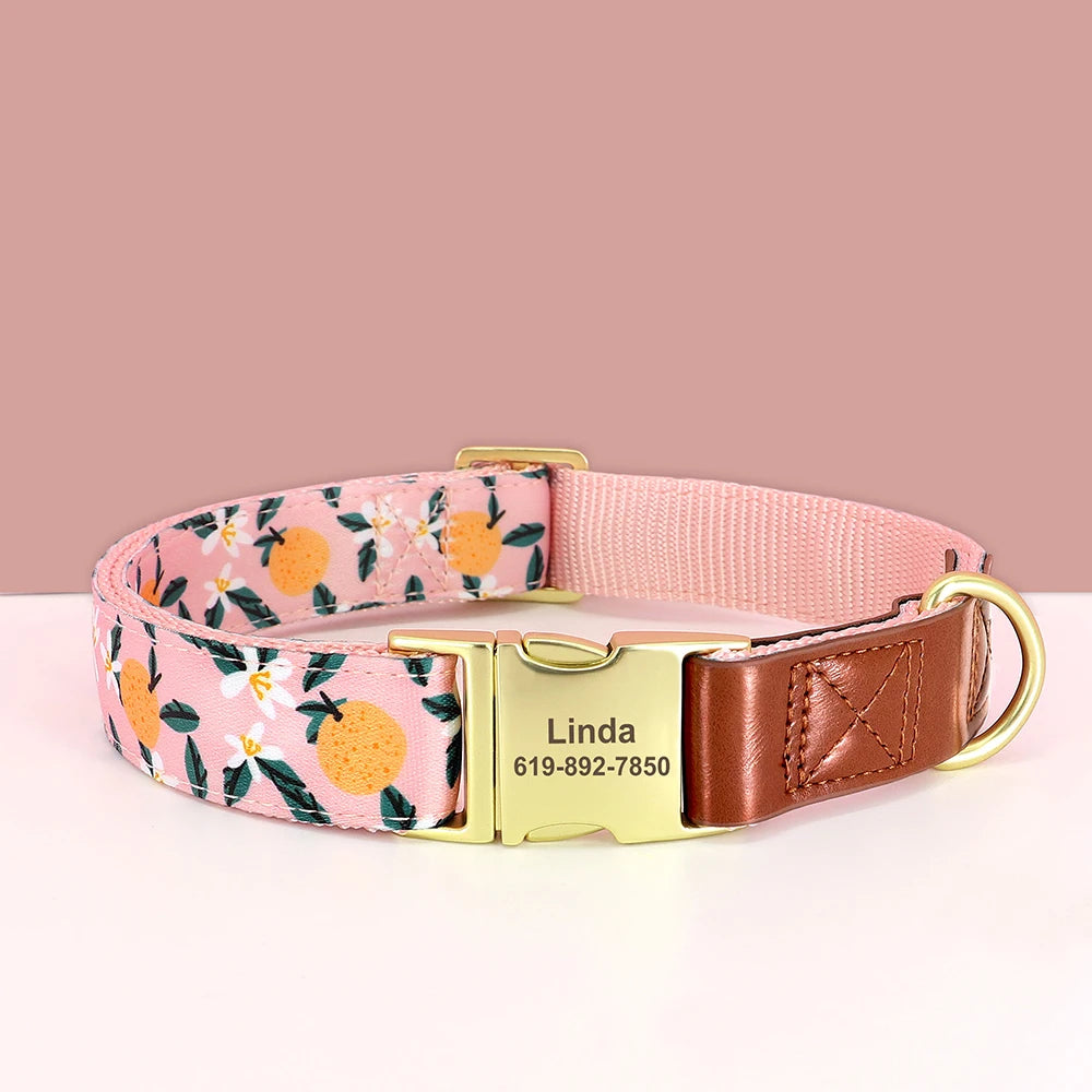 Custom Engraved Dog Collar - Personalized Flower Print Pet ID Collar