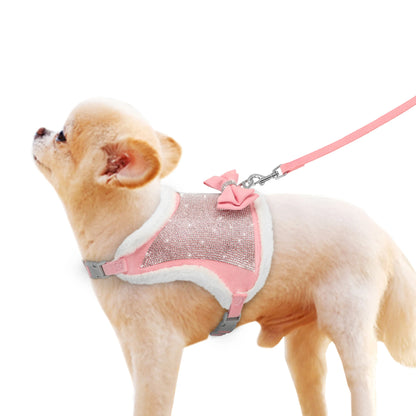 Bling Rhinestone Dog Harness and Leash Set with Bowknot - Warm Padded Vest