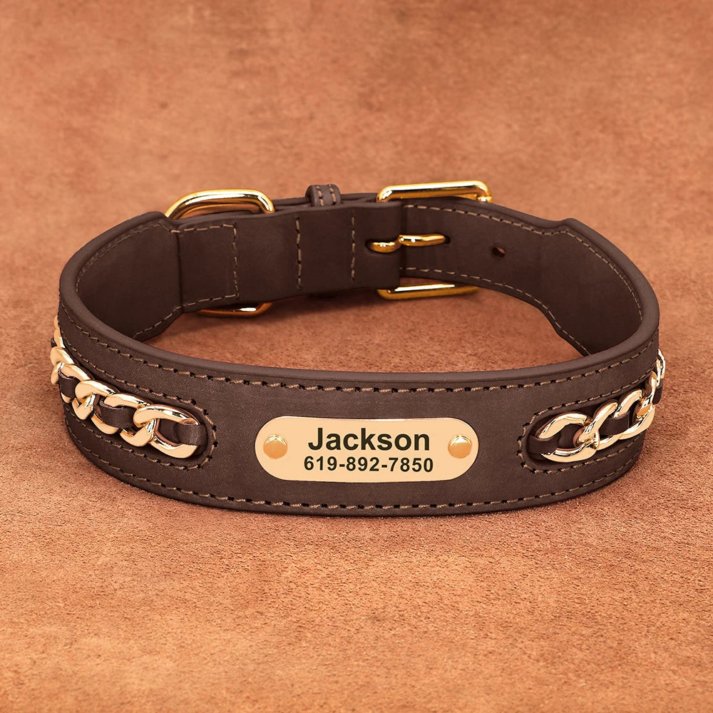 Personalized Leather Dog Collar with Name Tag - Custom ID Collar