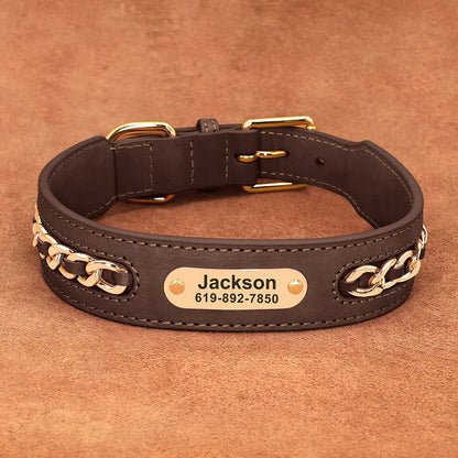 Personalized Leather Dog Collar with Name Tag - Custom ID Collar
