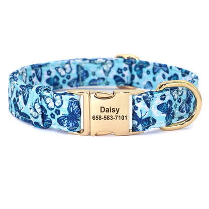 Custom Floral Dog Collar with Free Nameplate - Personalized Pet ID Blue