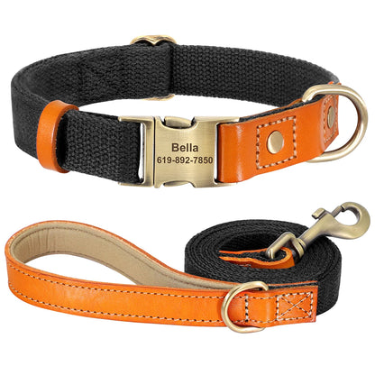 Custom Dog Collar & Leash Set - Personalized Pet ID Nylon Leather Black
