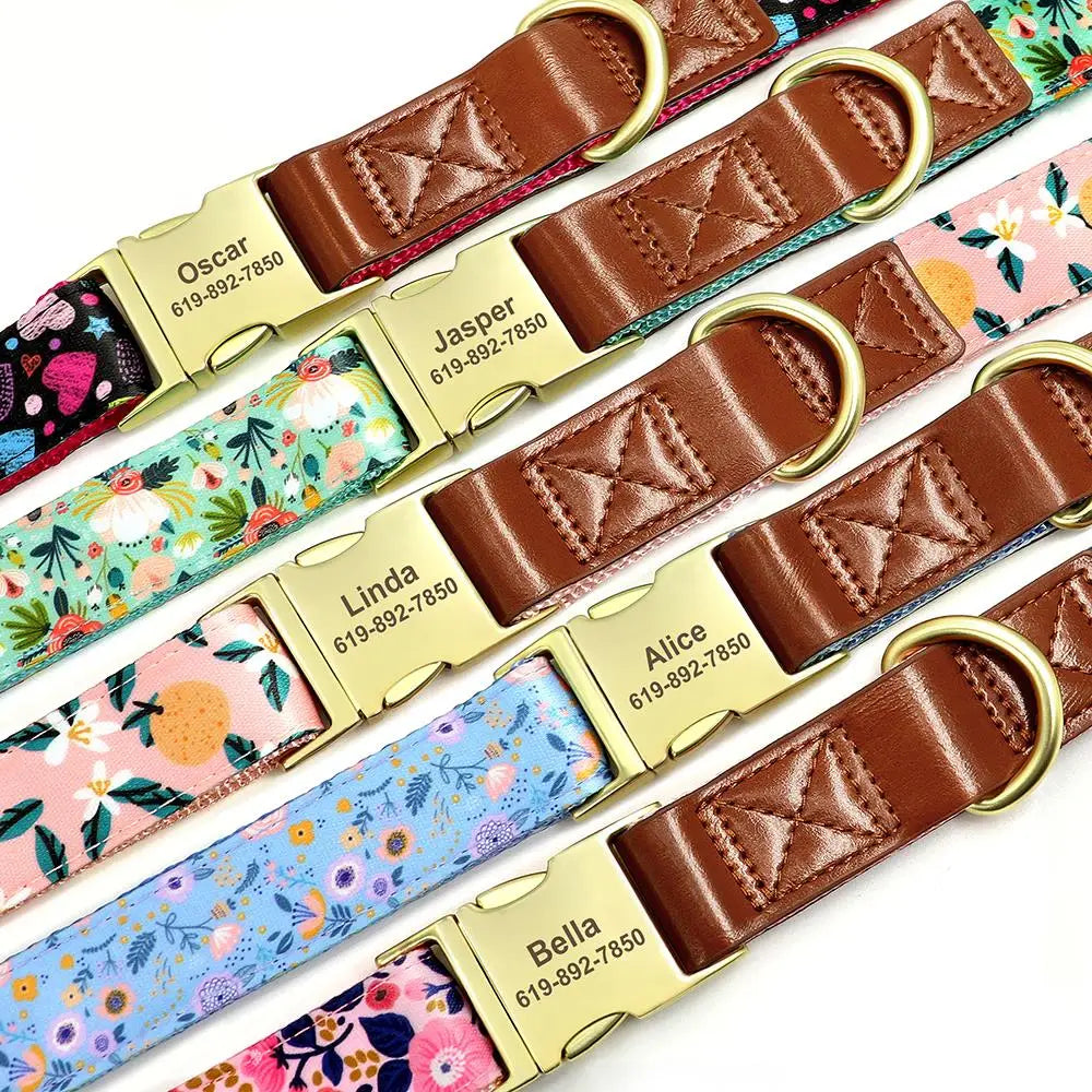 Custom Engraved Dog Collar - Personalized Flower Print Pet ID Collar