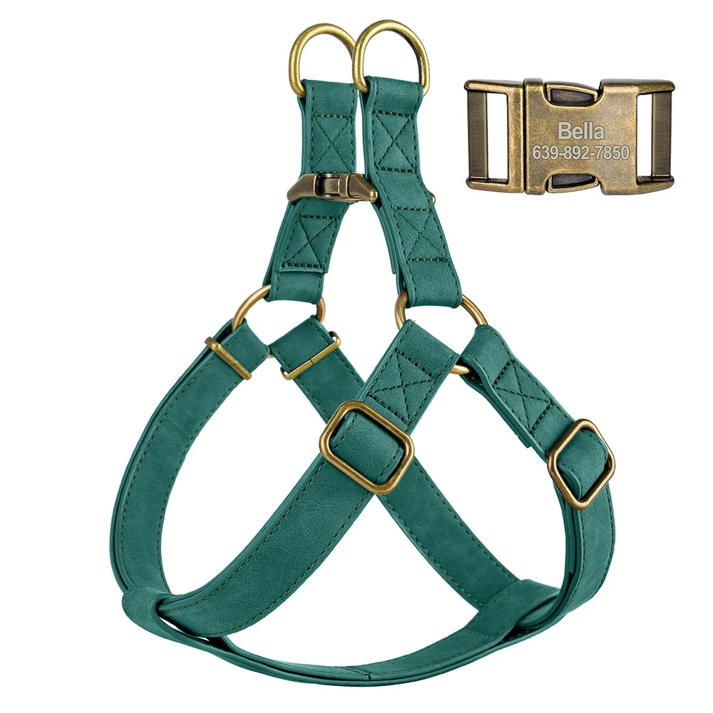 Personalized Dog Harness - Custom Engraved PU Leather Vest Green