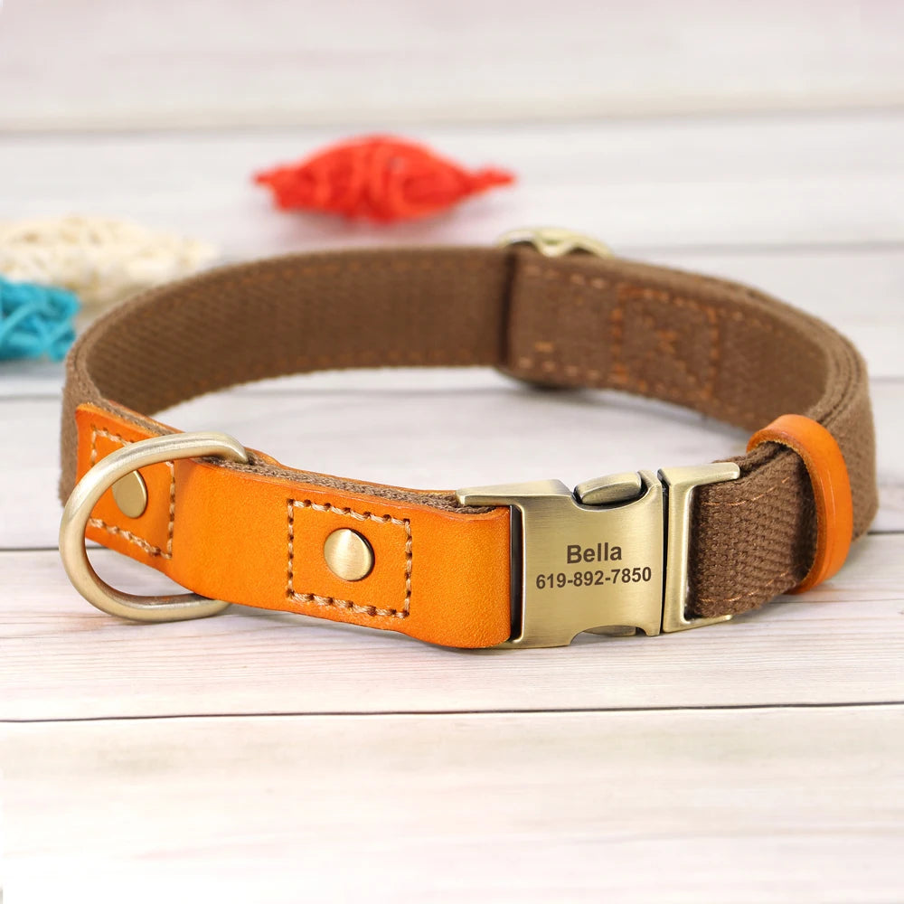 Custom Dog Collar Leash Set Personalized Pet ID Nylon Leather Brown collar