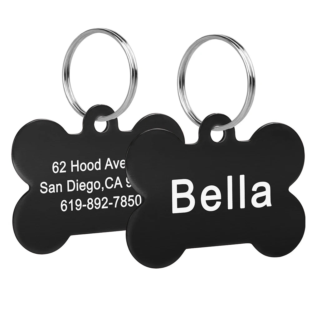 Bone Shaped Dog ID Tag - Custom Engraved Pet Name Aluminum Black