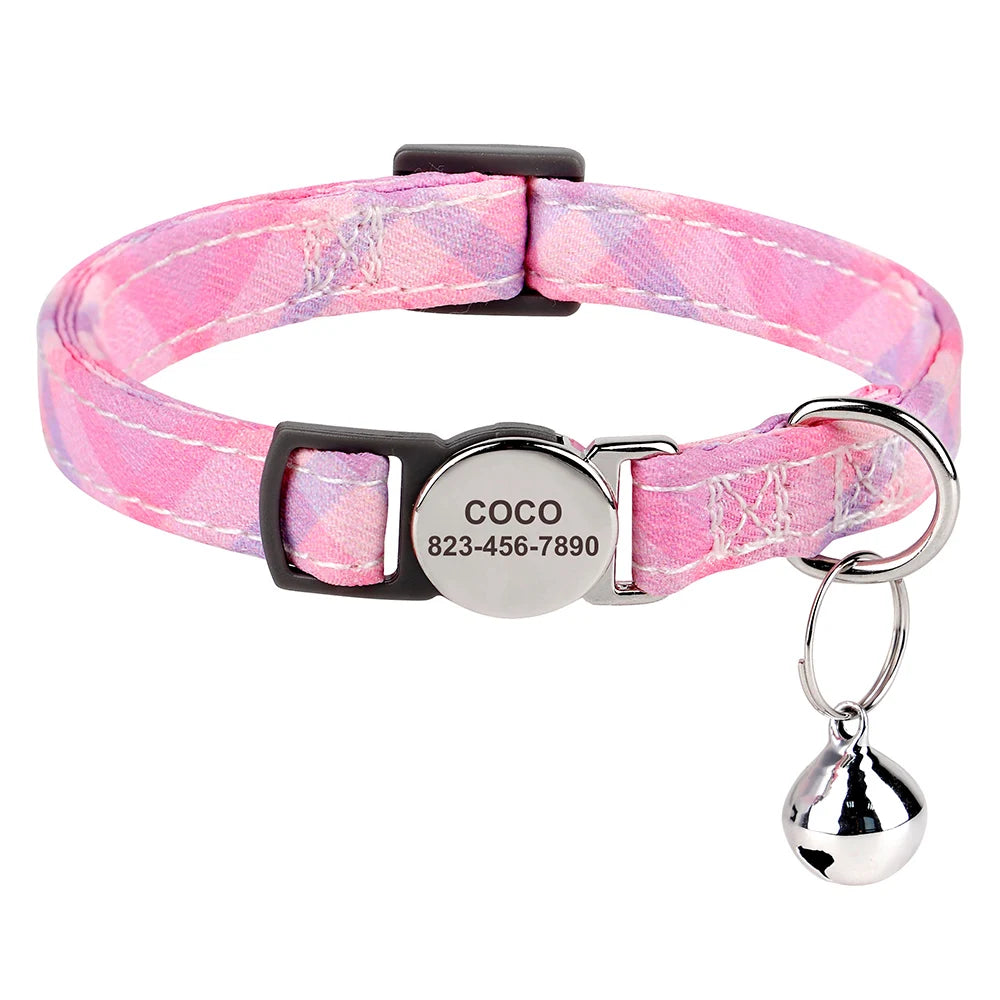 Personalized Cat Collar with Bell - Custom Engraved Breakaway Pink 18-28cm neck