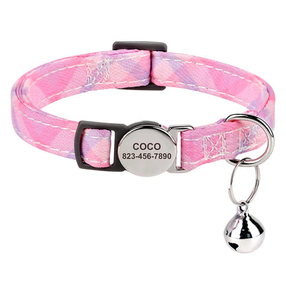 Personalized Cat Collar with Bell - Custom Engraved Breakaway Pink 18-28cm neck
